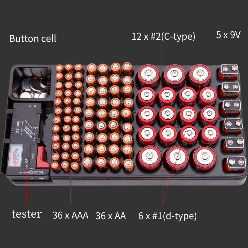 Battery Storage Box with Capacity Tester & Battery Conversion Tool（AA/AAA/C/D/9V/Button Cell）