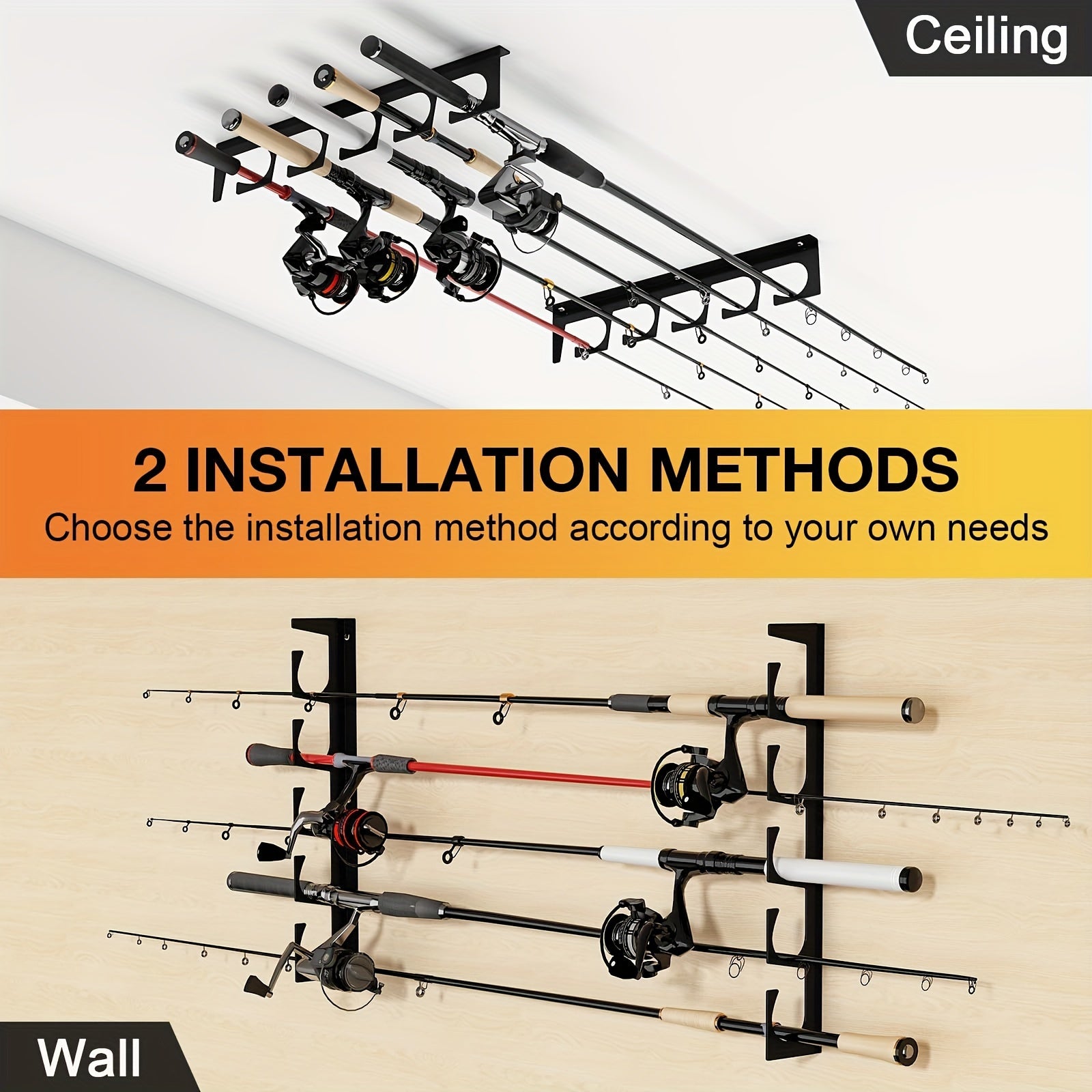 Multi-Rod Wall Mounted Fishing Rod Storage Rack for Indoor and Covered Outdoor Use